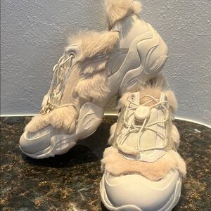 Polo by Ralph Lauren Women's White and Cream Furry Sneakers
